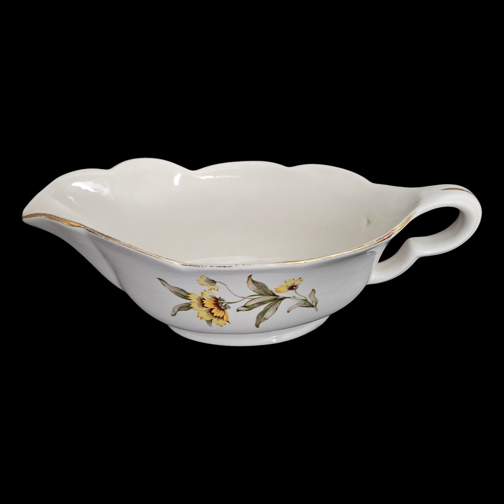 Vintage Porcelain Gravy Boat Yellow Gray Floral Gold Trim Scalloped